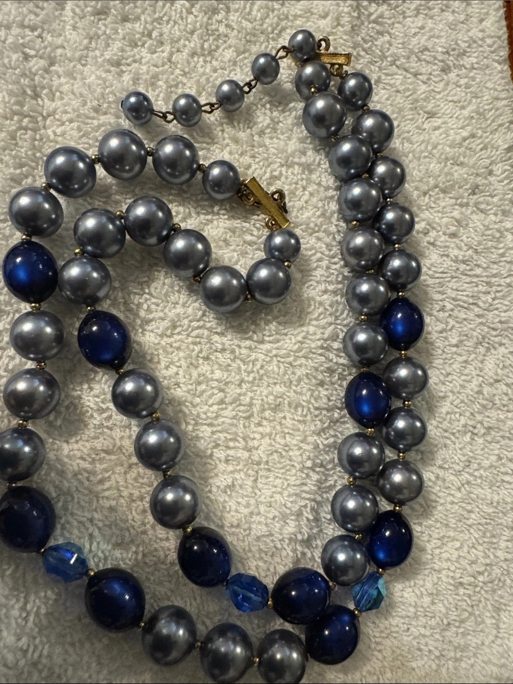 Statement Beaded Necklace in Gray & Blue Like New